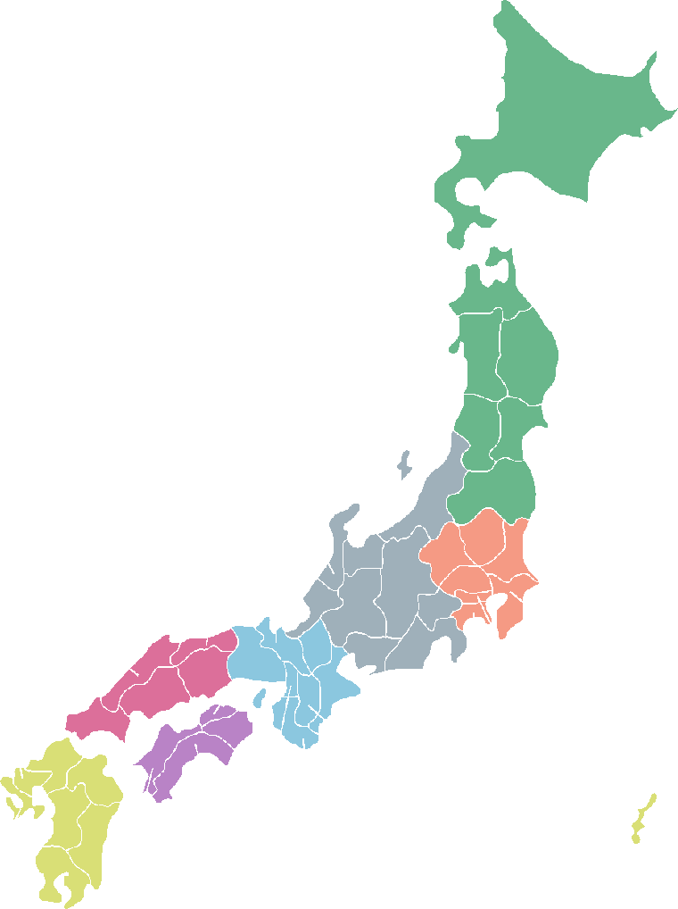 地方ごとに色分けされた日本列島
